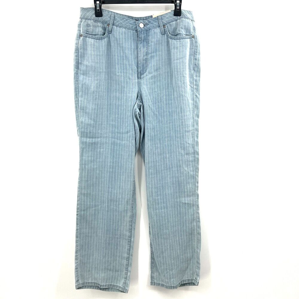 NYDJ Relaxed Straight Ankle Jeans Sz 8 Light Blue Pinstripe Lyocell NWT Womens